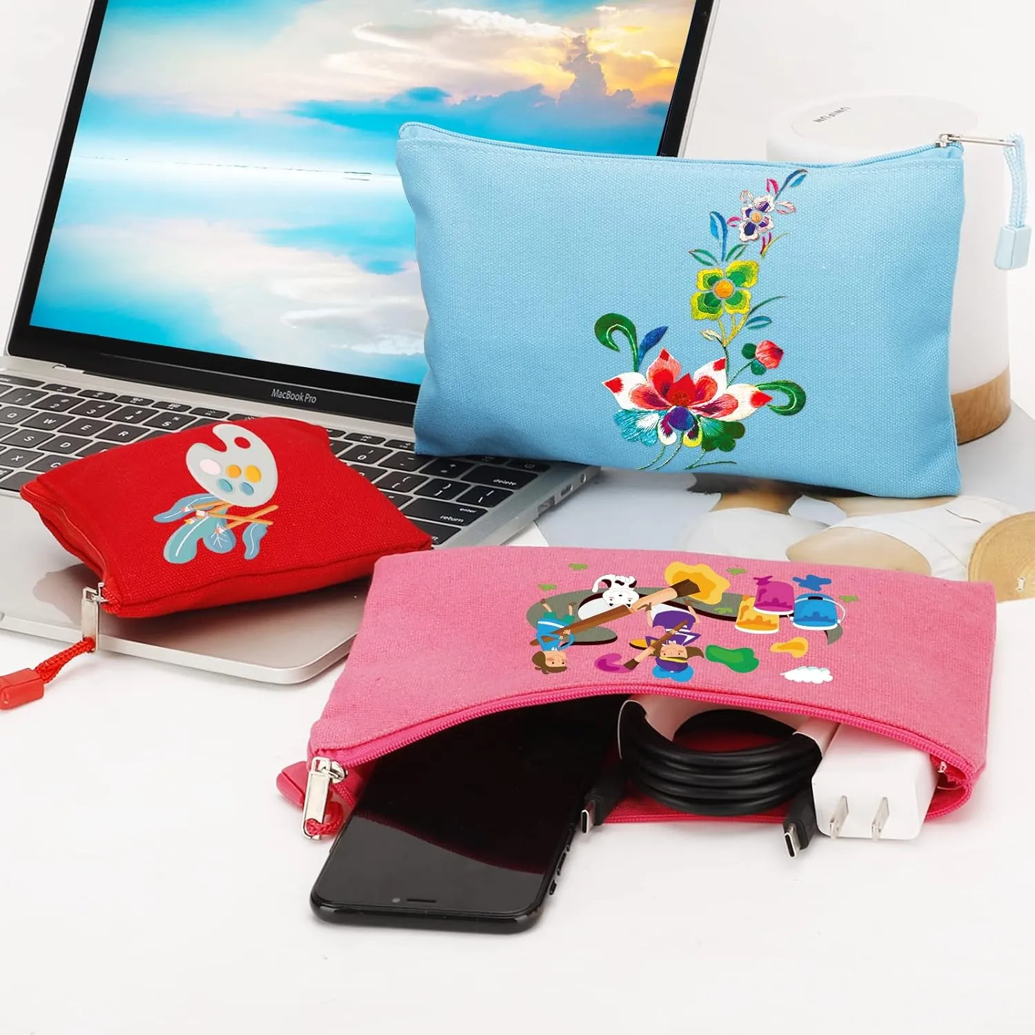 12 Pack DIY Craft Cotton Canvas Bag, Multi-Purpose Cosmetic Bag Makeup Pouches with Zipper Travel Toiletry Bag (XS, Hot Pink)