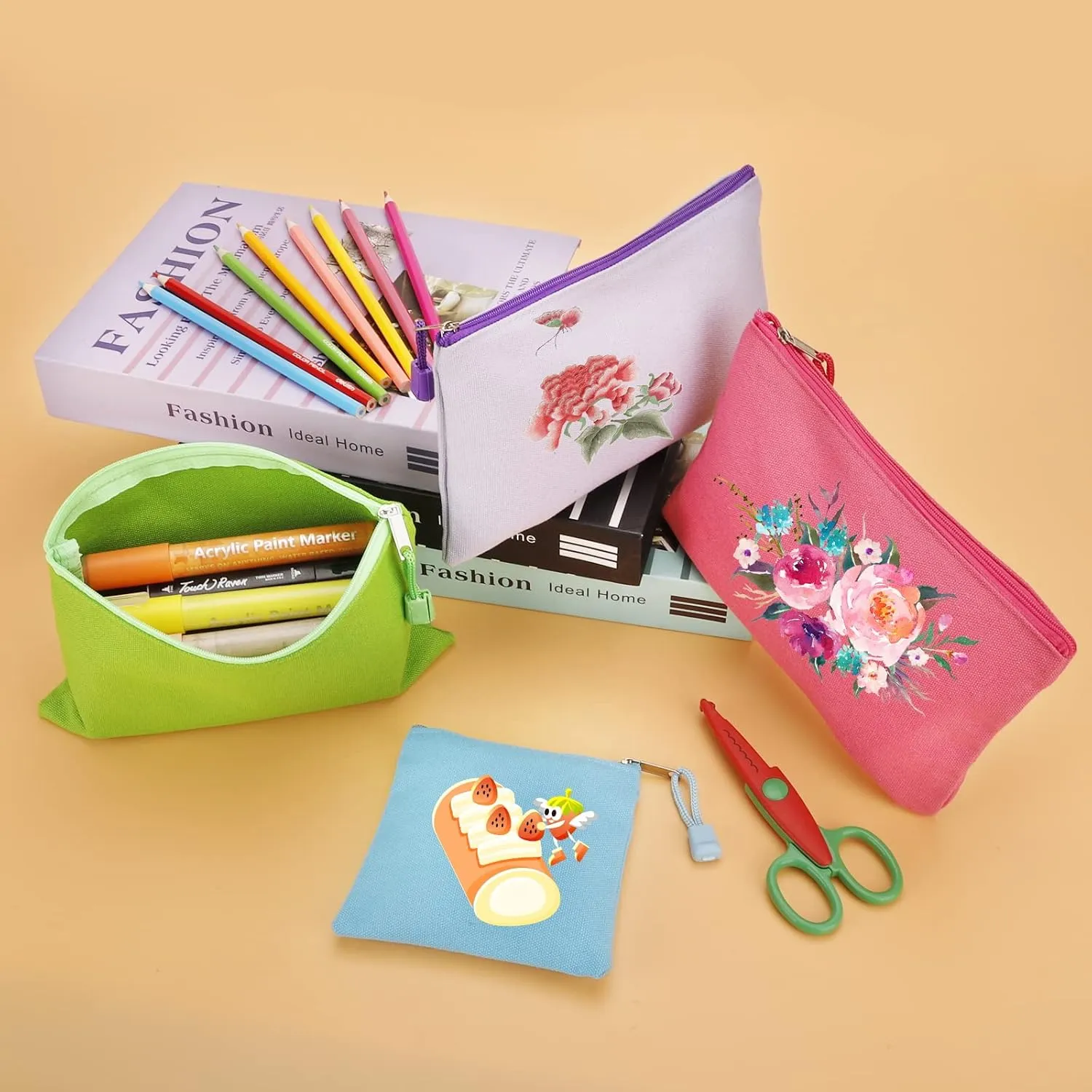 12 Pack DIY Craft Cotton Canvas Bag, Multi-Purpose Cosmetic Bag Makeup Pouches with Zipper Travel Toiletry Bag (XS, Hot Pink)