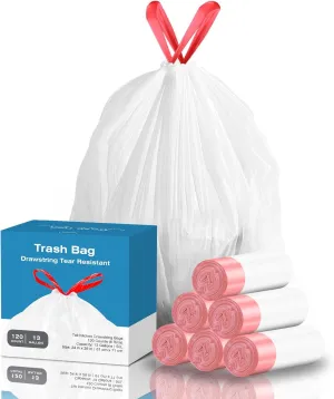 13 Gallon Tall Kitchen Drawstring Trash Bags, 120 Count Pre-separated Garbage Bags, Unscented, Leak Proof, Waste Bag for Kitchen, Office, Home (White)