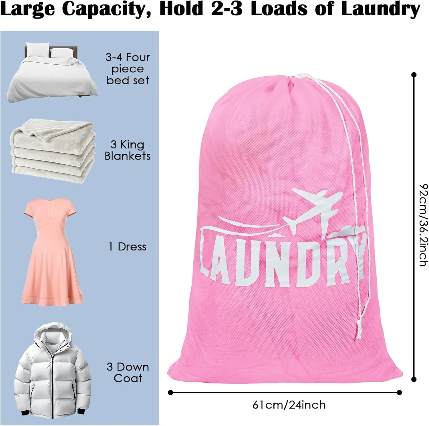 2 Pack Large Mesh Laundry Bag, Heavy Duty Laundry Bags with Drawstring, Laundry Hamper Liner, Machine Washable, for Travel, Storage, Sports, Dorms and Apartment Dwellers, 24 x 36 Inches (Pink White)