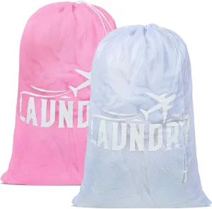 2 Pack Large Mesh Laundry Bag, Heavy Duty Laundry Bags with Drawstring, Laundry Hamper Liner, Machine Washable, for Travel, Storage, Sports, Dorms and Apartment Dwellers, 24 x 36 Inches (Pink White)