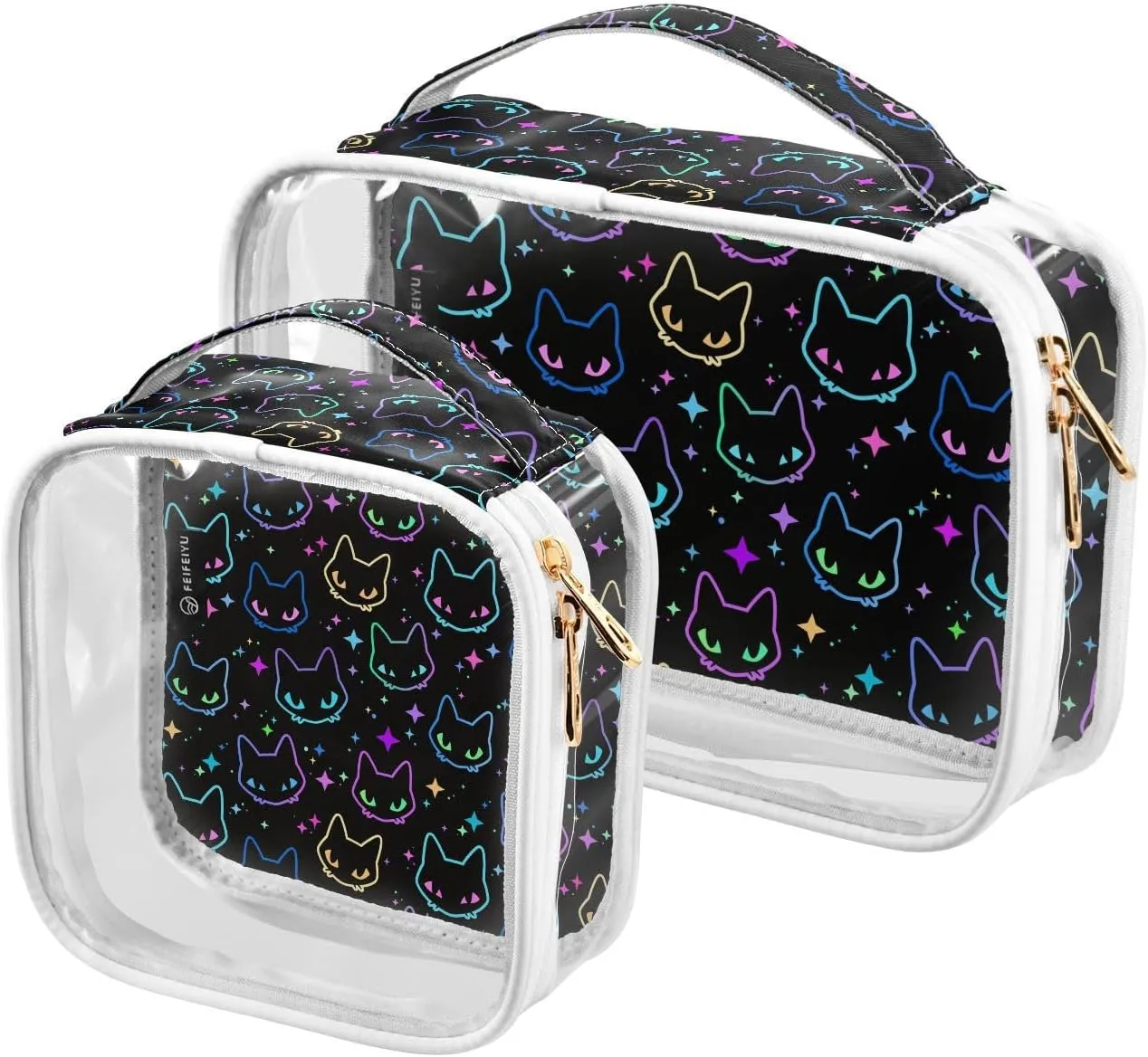 2 Pieces Large Clear Travel Toiletry Bag with Zippers, PVC Waterproof Travel Organizer, Colorful-neon-cat-heads Plastic Tote Bags.