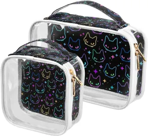 2 Pieces Large Clear Travel Toiletry Bag with Zippers, PVC Waterproof Travel Organizer, Colorful-neon-cat-heads Plastic Tote Bags.