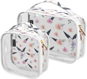 2 Pieces Large Clear Travel Toiletry Bag with Zippers, PVC Waterproof Travel Organizer, Orchid-flowers-white-print Plastic Tote Bags.