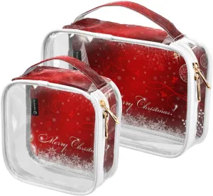2 Pieces Large Clear Travel Toiletry Bag with Zippers, PVC Waterproof Travel Organizer, Red-christmas-print Plastic Tote Bags.