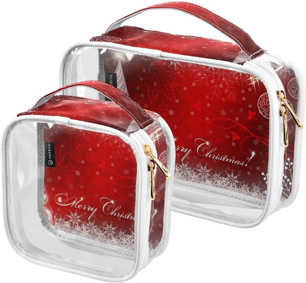 2 Pieces Large Clear Travel Toiletry Bag with Zippers, PVC Waterproof Travel Organizer, Red-christmas-print Plastic Tote Bags.