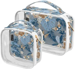 2 Pieces Large Clear Travel Toiletry Bag with Zippers, PVC Waterproof Travel Organizer, Tropical-flowers-texture Plastic Tote Bags.