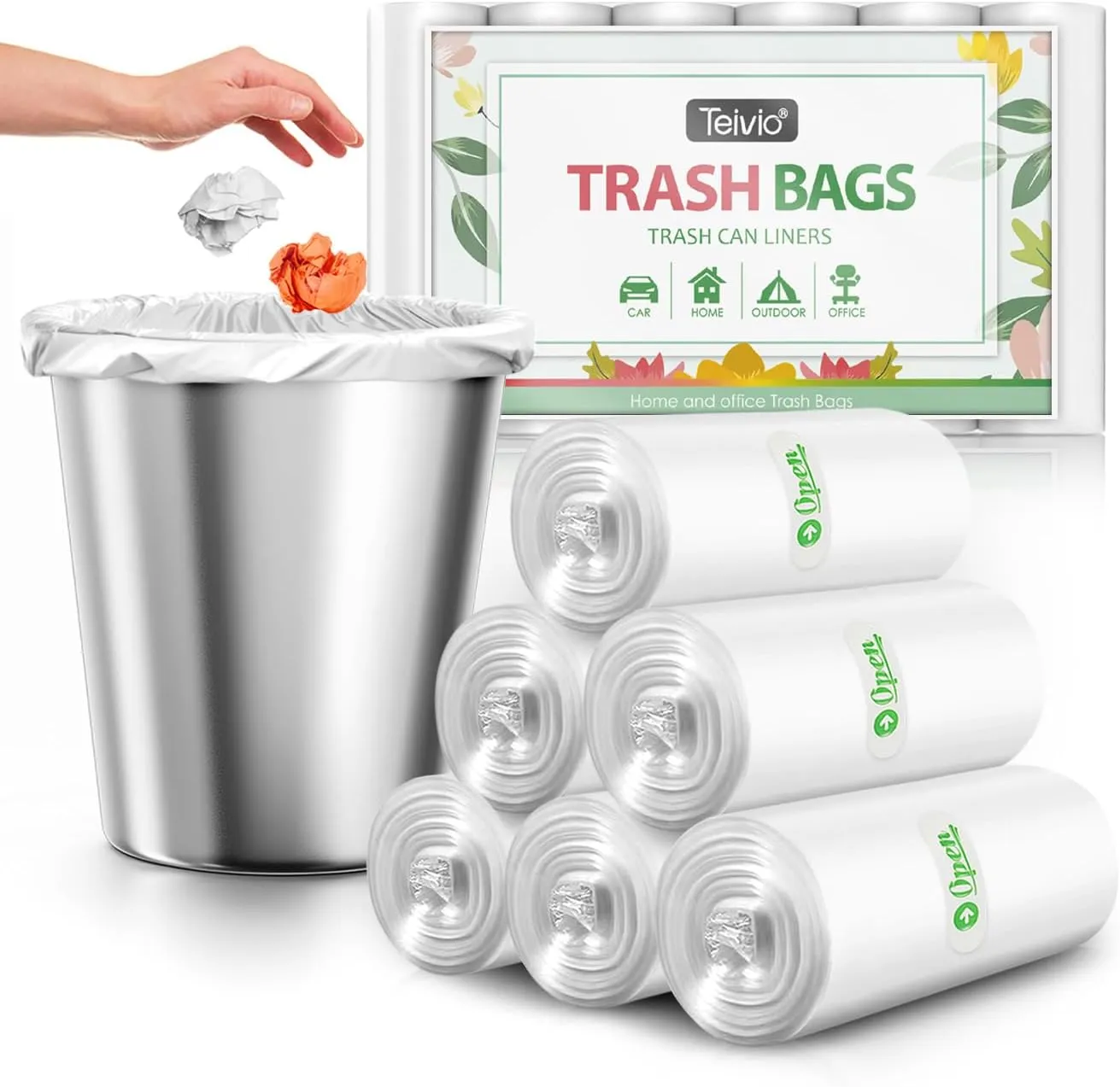 2.6 Gallon 330 Counts Strong Trash Bags Garbage Bags by Teivio, Bathroom Trash Can Bin Liners, Small Plastic Bags for home office kitchen (Clear)