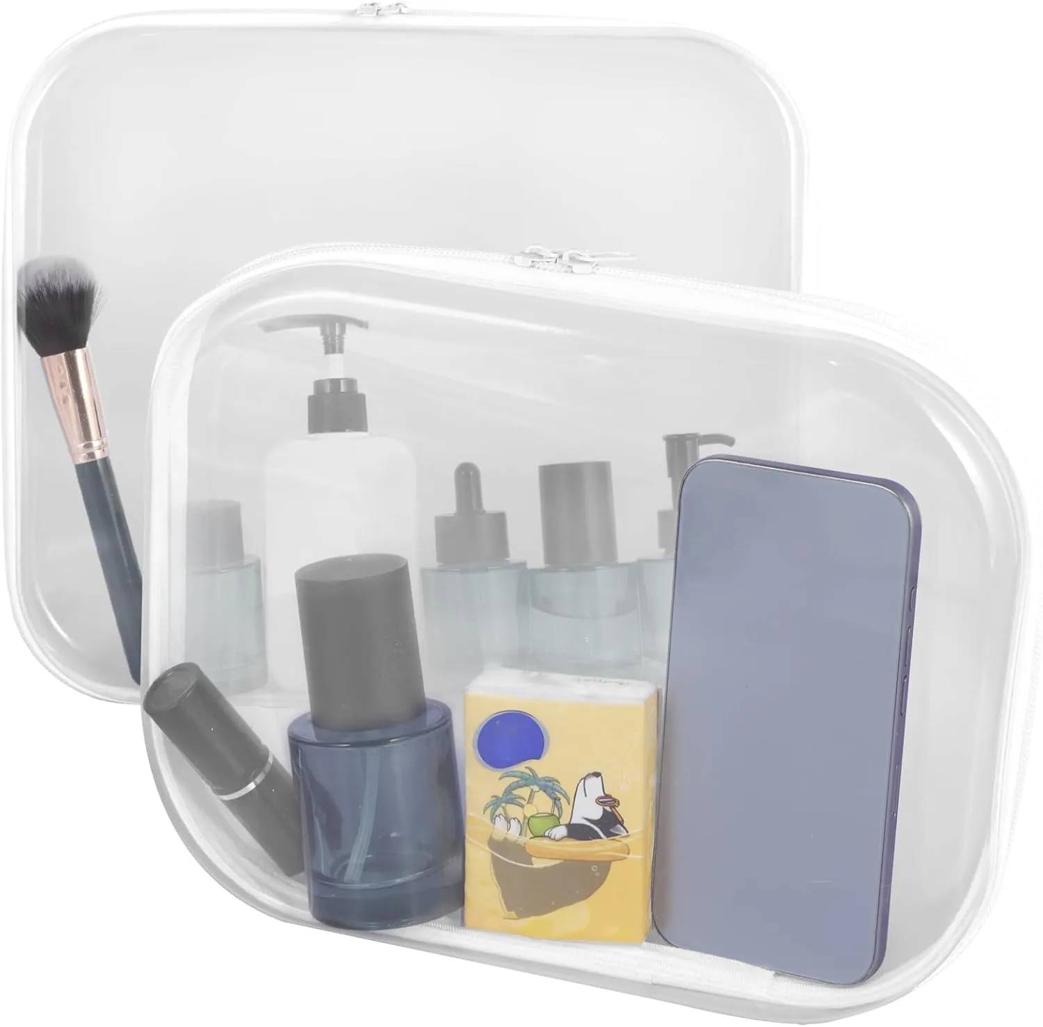 2Pcs Clear Zippered Travel Bag Portable Zippered Hard Pouch PVC Waterproof Makeup Bag Toiletry Bag Reusable Toy Storage Bag for Cosmetics Toys Document Travel 13.78 x 11.81 x 2 inch, transparent/4