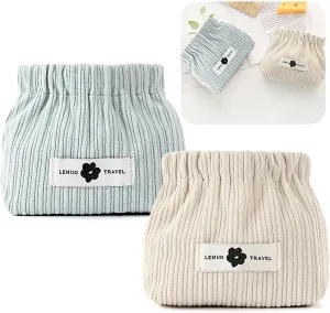 2pcs Corduroy Elastic Hair Tie Organizer Portable Travel Small Makeup Pouch Corduroy Lipstick Storage Bag for Hair Jewelry Lipstick Coin Purse for Women(Blue White)