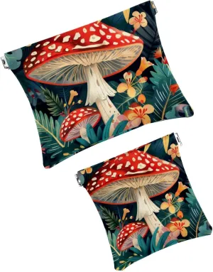 2Pcs Pocket Cosmetic Bag for Purses, Leather Small Makeup Bag Cosmetic Pouch, Portable No Zipper Makeup Pouch Coin Purse Jewelry Pouch, Mushrooms