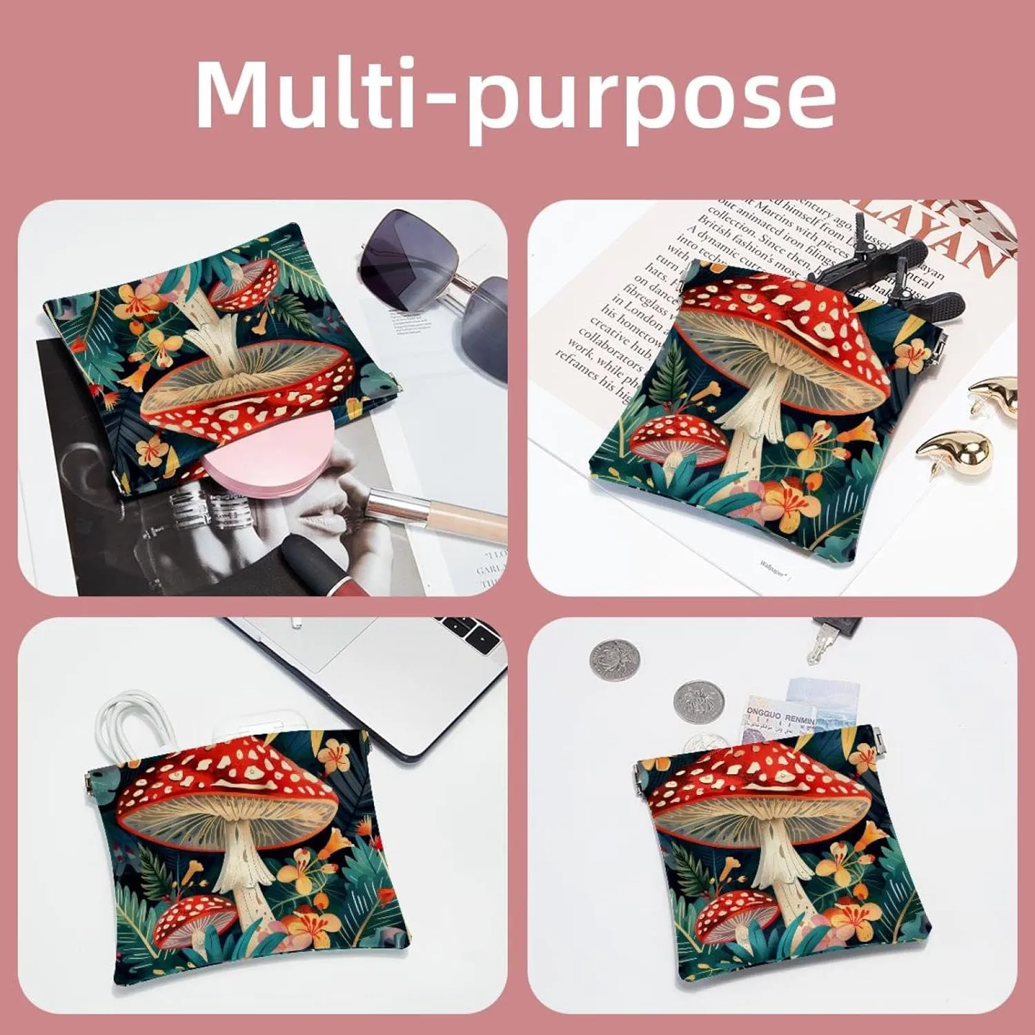2Pcs Pocket Cosmetic Bag for Purses, Leather Small Makeup Bag Cosmetic Pouch, Portable No Zipper Makeup Pouch Coin Purse Jewelry Pouch, Mushrooms