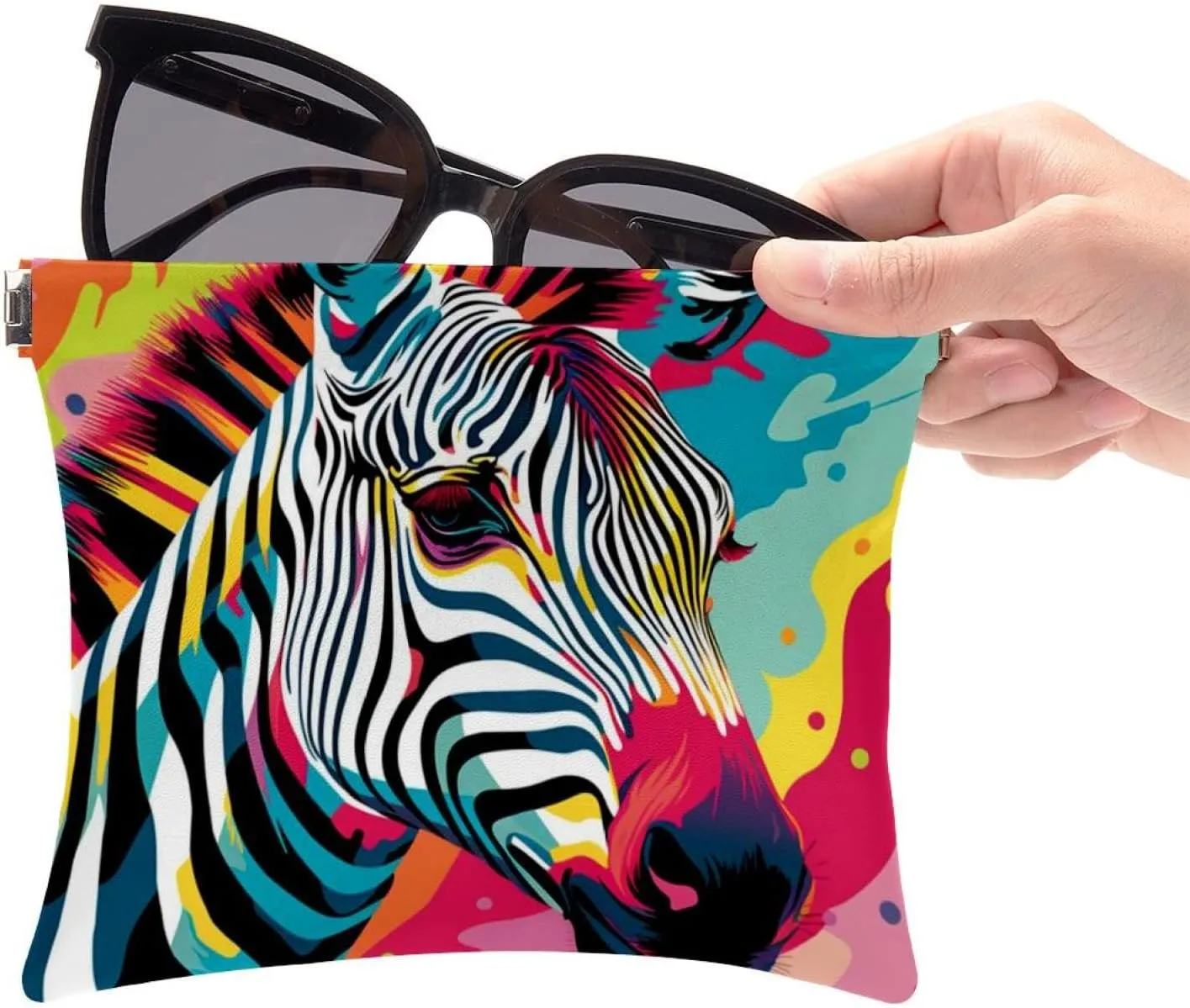 2Pcs Small Makeup Bag for Purse, Animal Zebra Colorful Pocket Cosmetic Bag Squeeze Pouch, Portable Mini Travel Makeup Bag for Women Gifts