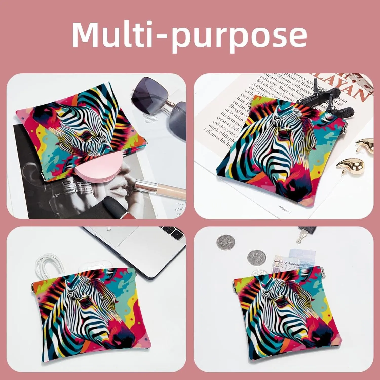 2Pcs Small Makeup Bag for Purse, Animal Zebra Colorful Pocket Cosmetic Bag Squeeze Pouch, Portable Mini Travel Makeup Bag for Women Gifts