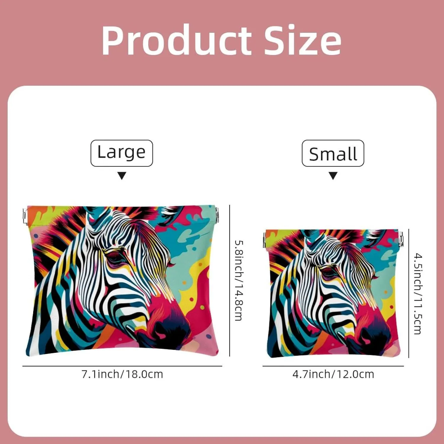 2Pcs Small Makeup Bag for Purse, Animal Zebra Colorful Pocket Cosmetic Bag Squeeze Pouch, Portable Mini Travel Makeup Bag for Women Gifts