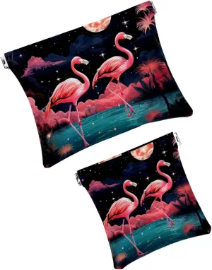 2Pcs Small Makeup Bag for Purse, Flamingos Star Pocket Cosmetic Bag Squeeze Pouch, Portable Mini Travel Makeup Bag for Women Gifts
