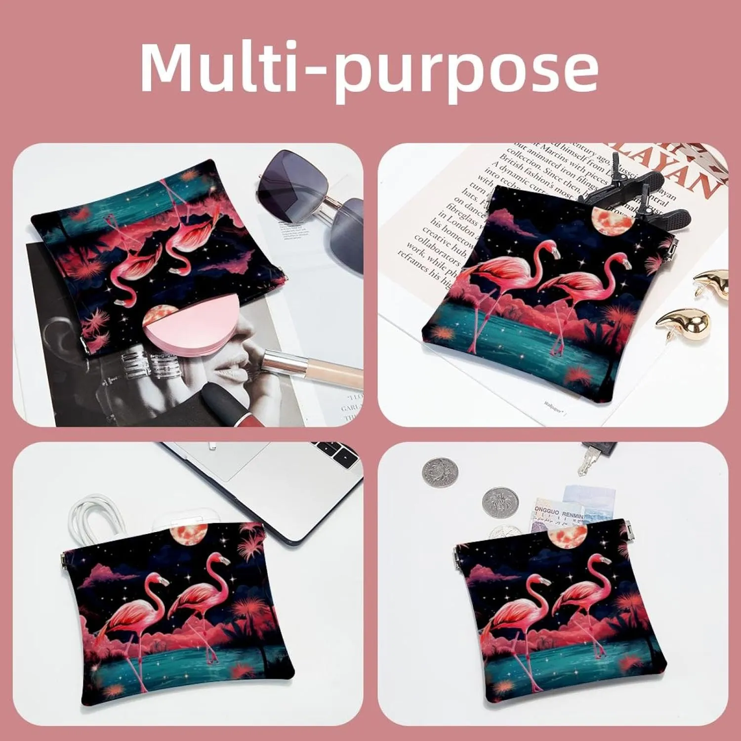 2Pcs Small Makeup Bag for Purse, Flamingos Star Pocket Cosmetic Bag Squeeze Pouch, Portable Mini Travel Makeup Bag for Women Gifts