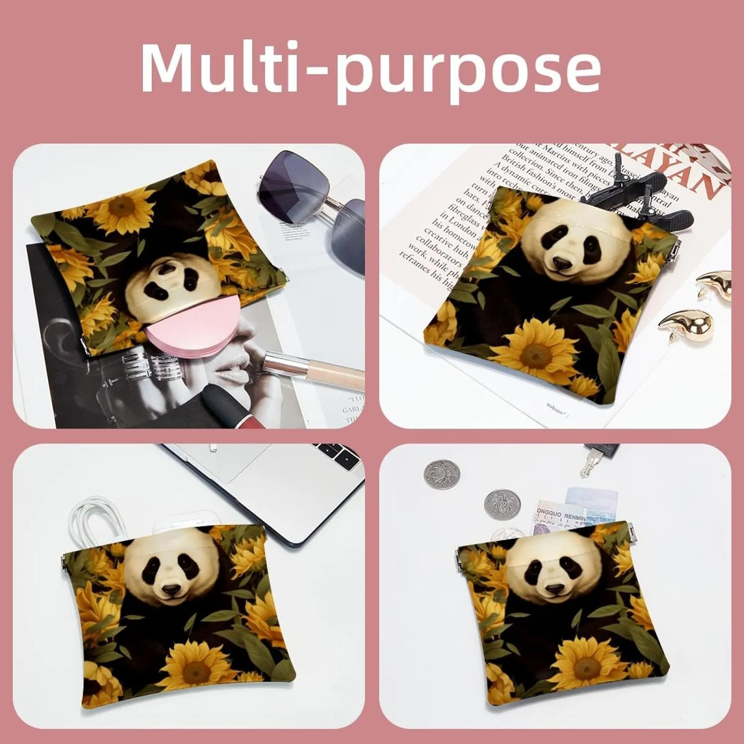 2Pcs Small Makeup Bag for Purse, Panda and Sunflower Pocket Cosmetic Bag Squeeze Pouch, Portable Mini Travel Makeup Bag for Women Gifts