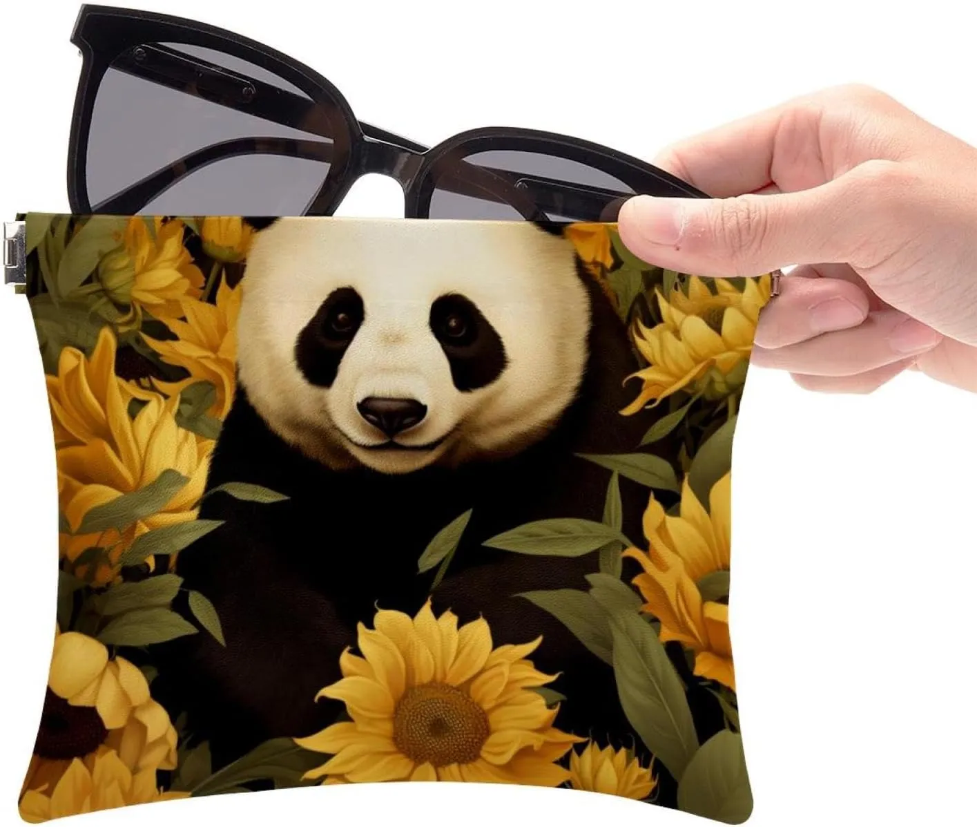 2Pcs Small Makeup Bag for Purse, Panda and Sunflower Pocket Cosmetic Bag Squeeze Pouch, Portable Mini Travel Makeup Bag for Women Gifts