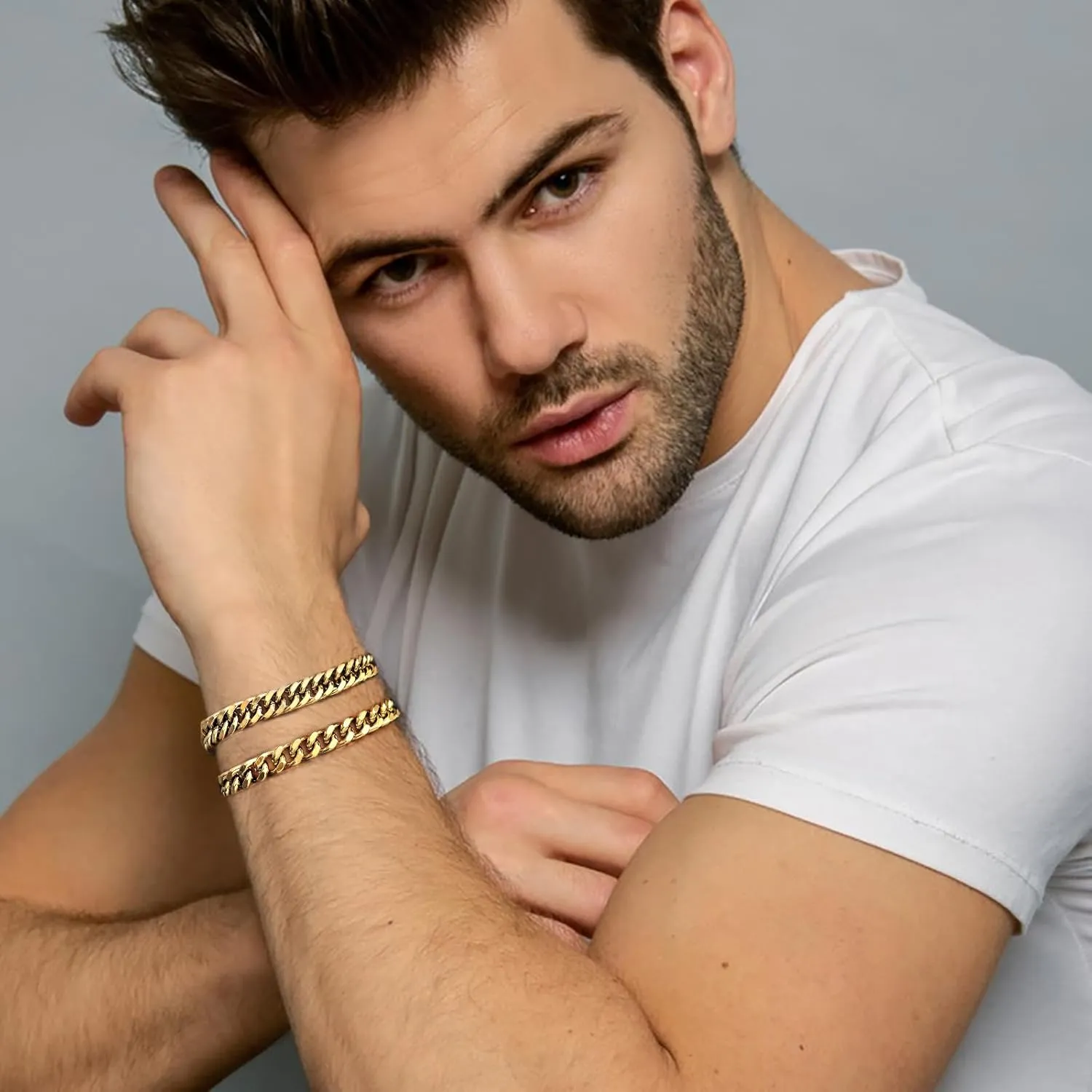 2Pcs Stainless Steel Bracelets for Men Gold Silver Cuban Link Figaro Rope Chain Bracelet Set Curb Width Sturdy Bracelet 7.5/8.3/9 Inches Jewelry Gifts for Dad Boyfriend Husband