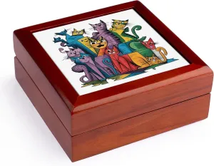 3dRose, Cool Funny Colorful Assorted Kitty Cats Pet Rescue Abstract Art, Jewelry Box 5.5x5.5 inch with 4 inch tile