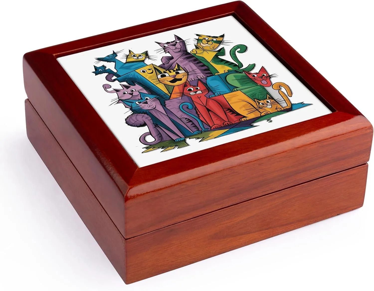 3dRose, Cool Funny Colorful Assorted Kitty Cats Pet Rescue Abstract Art, Jewelry Box 5.5x5.5 inch with 4 inch tile