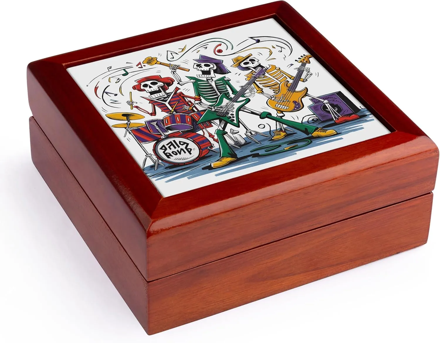 3dRose, Cool Funny Colorful Skeletons Rock Band Music Abstract Art, Jewelry Box 5.5x5.5 inch with 4 inch tile
