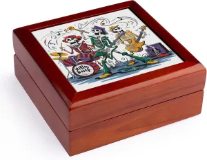 3dRose, Cool Funny Colorful Skeletons Rock Band Music Abstract Art, Jewelry Box 5.5x5.5 inch with 4 inch tile