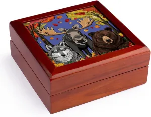 3dRose, Funny Cool Colorful Moose, Wolf, and Bear and Fall Leaves Abstract Art, Jewelry Box 5.5x5.5 inch with 4 inch tile