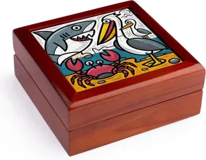3dRose, Funny Cool Colorful Shark and Pelican and Crab Beach Graffiti Abstract, Jewelry Box 5.5x5.5 inch with 4 inch tile