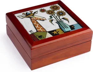 3dRose, Funny Cool Giraffe with Sunflowers Jungle Animals Cubism Abstract, Jewelry Box 5.5x5.5 inch with 4 inch tile