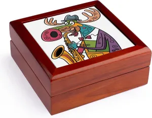 3dRose, Funny Cool Moose Playing Saxophone Jazz Music Graffiti Abstract, Jewelry Box 5.5x5.5 inch with 4 inch tile
