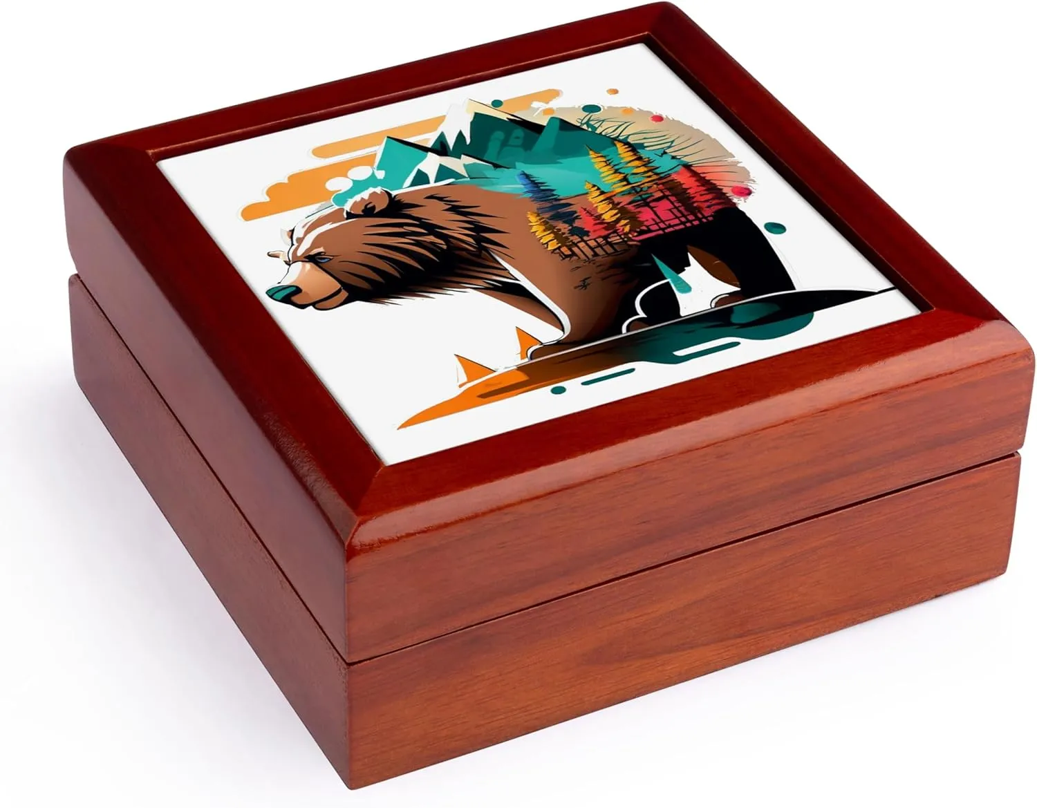 3dRose, Funny Cute Cool Brown Bear and Mountains and Nature Abstract Art, Jewelry Box 5.5x5.5 inch with 4 inch tile