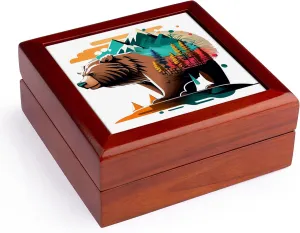 3dRose, Funny Cute Cool Brown Bear and Mountains and Nature Abstract Art, Jewelry Box 5.5x5.5 inch with 4 inch tile