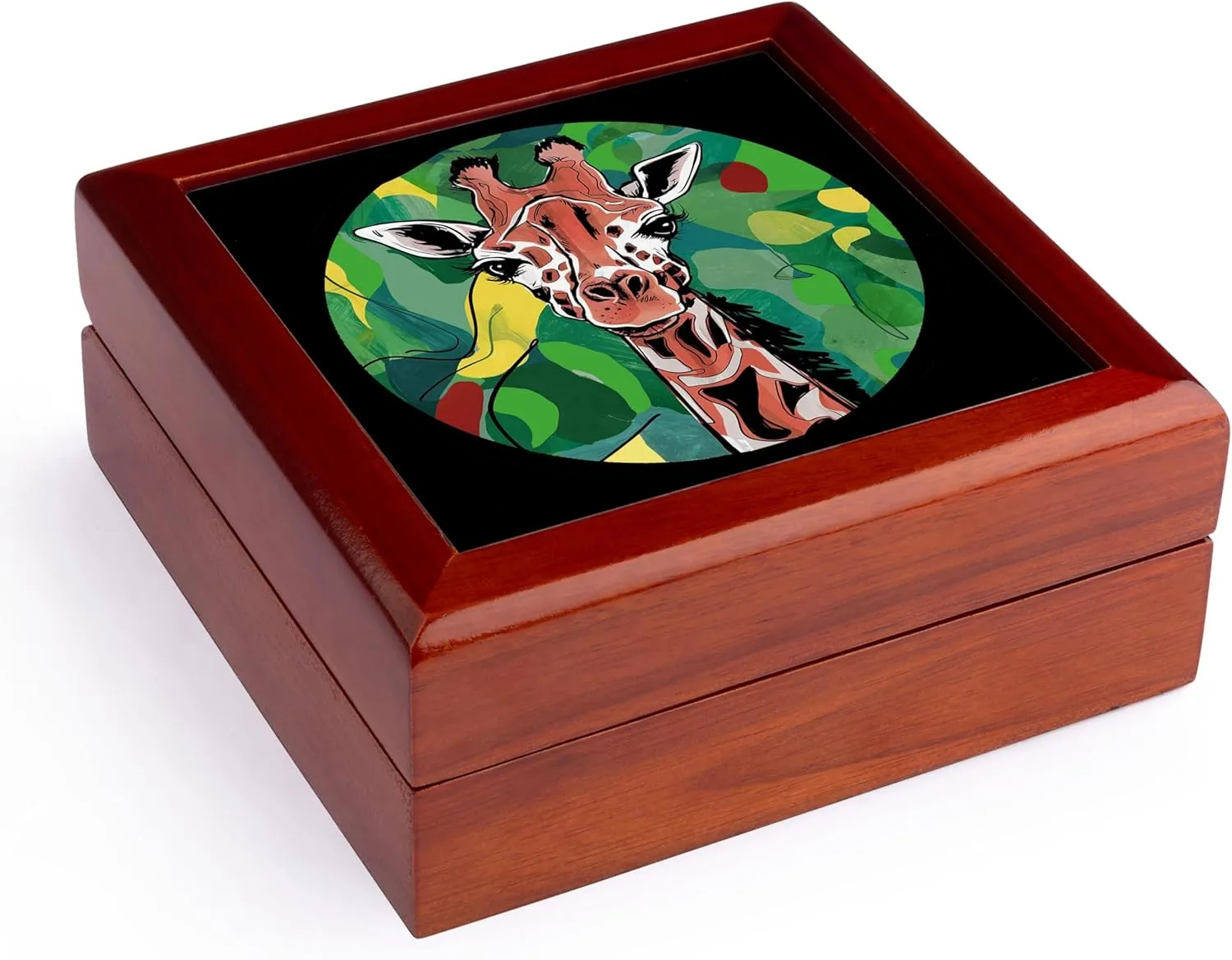 3dRose, Funny Cute Cool Colorful Giraffe Face Abstract Art, Jewelry Box 5.5x5.5 inch with 4 inch tile