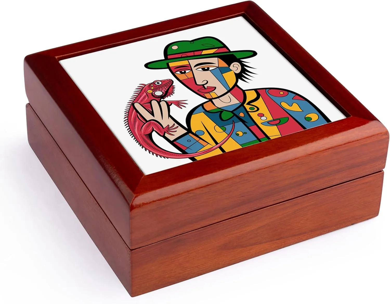 3dRose, Funny Cute Cool Guy Holding Iguana Pet Love Cubism Abstract, Jewelry Box 5.5x5.5 inch with 4 inch tile