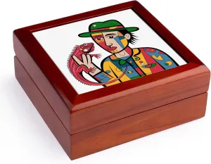 3dRose, Funny Cute Cool Guy Holding Iguana Pet Love Cubism Abstract, Jewelry Box 5.5x5.5 inch with 4 inch tile