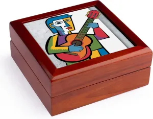 3dRose, Funny Cute Cool Guy Playing Guitar Music Cubism Abstract, Jewelry Box 5.5x5.5 inch with 4 inch tile