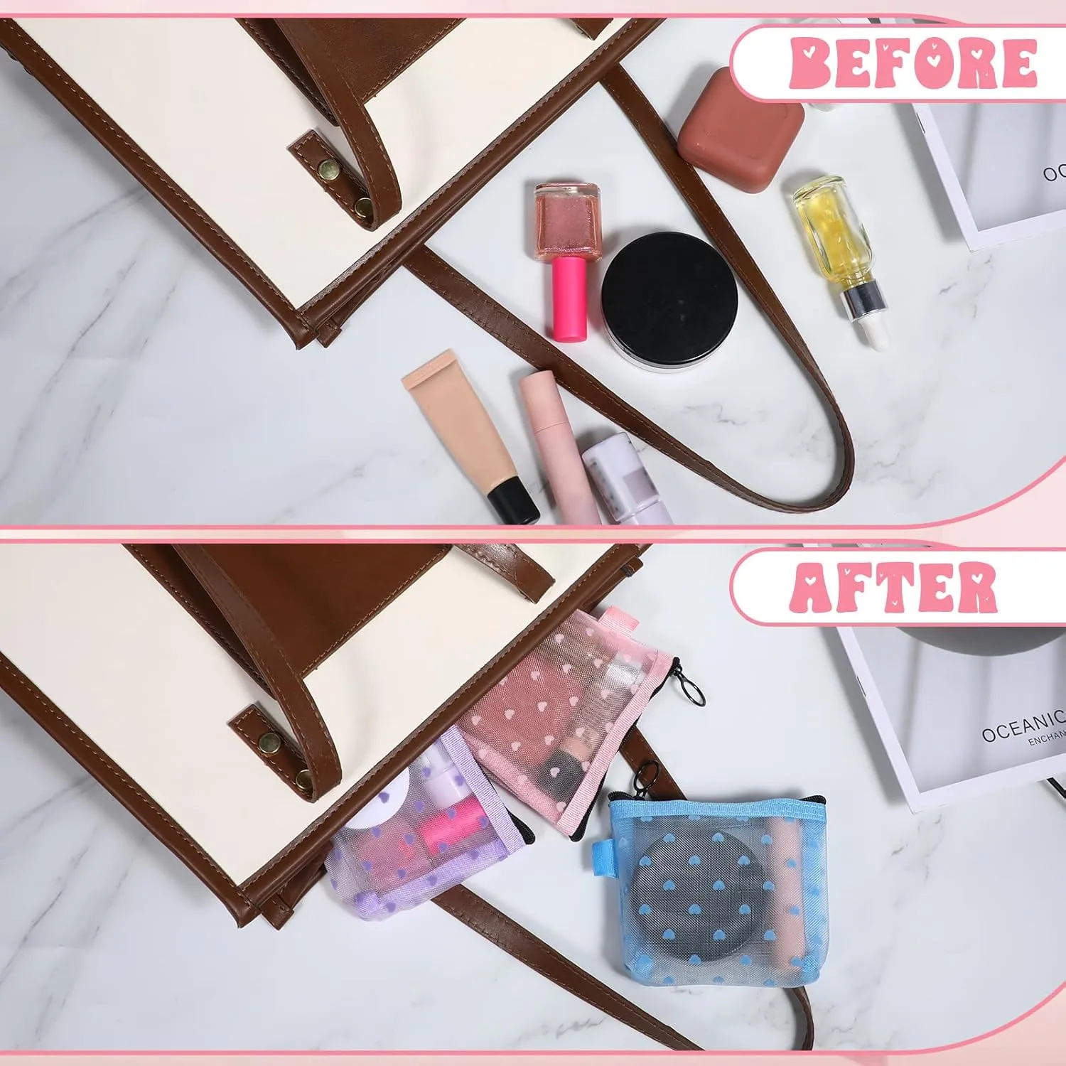 3Pcs Mini Cosmetic Bags, Heart Print Mesh Zipper Bags, Lipstick Accessories Organizer, Makeup Bag for Women, Small Purse Bag, 3 Colors, Style 5