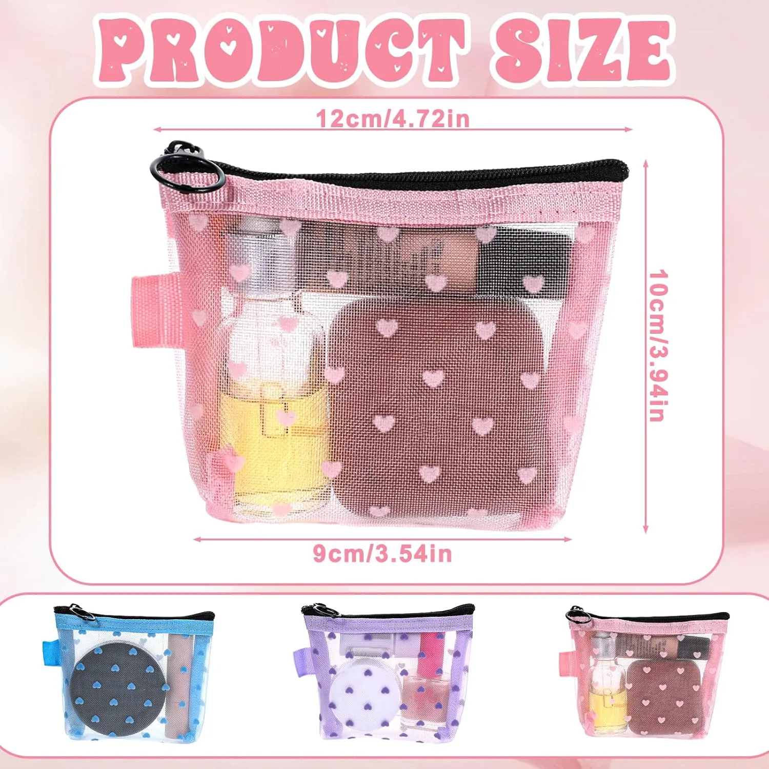 3Pcs Mini Cosmetic Bags, Heart Print Mesh Zipper Bags, Lipstick Accessories Organizer, Makeup Bag for Women, Small Purse Bag, 3 Colors, Style 5