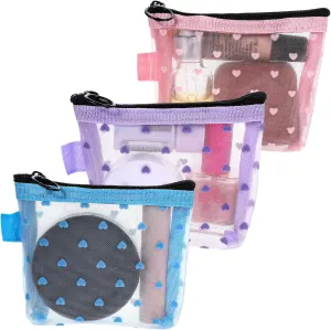 3Pcs Mini Cosmetic Bags, Heart Print Mesh Zipper Bags, Lipstick Accessories Organizer, Makeup Bag for Women, Small Purse Bag, 3 Colors, Style 5