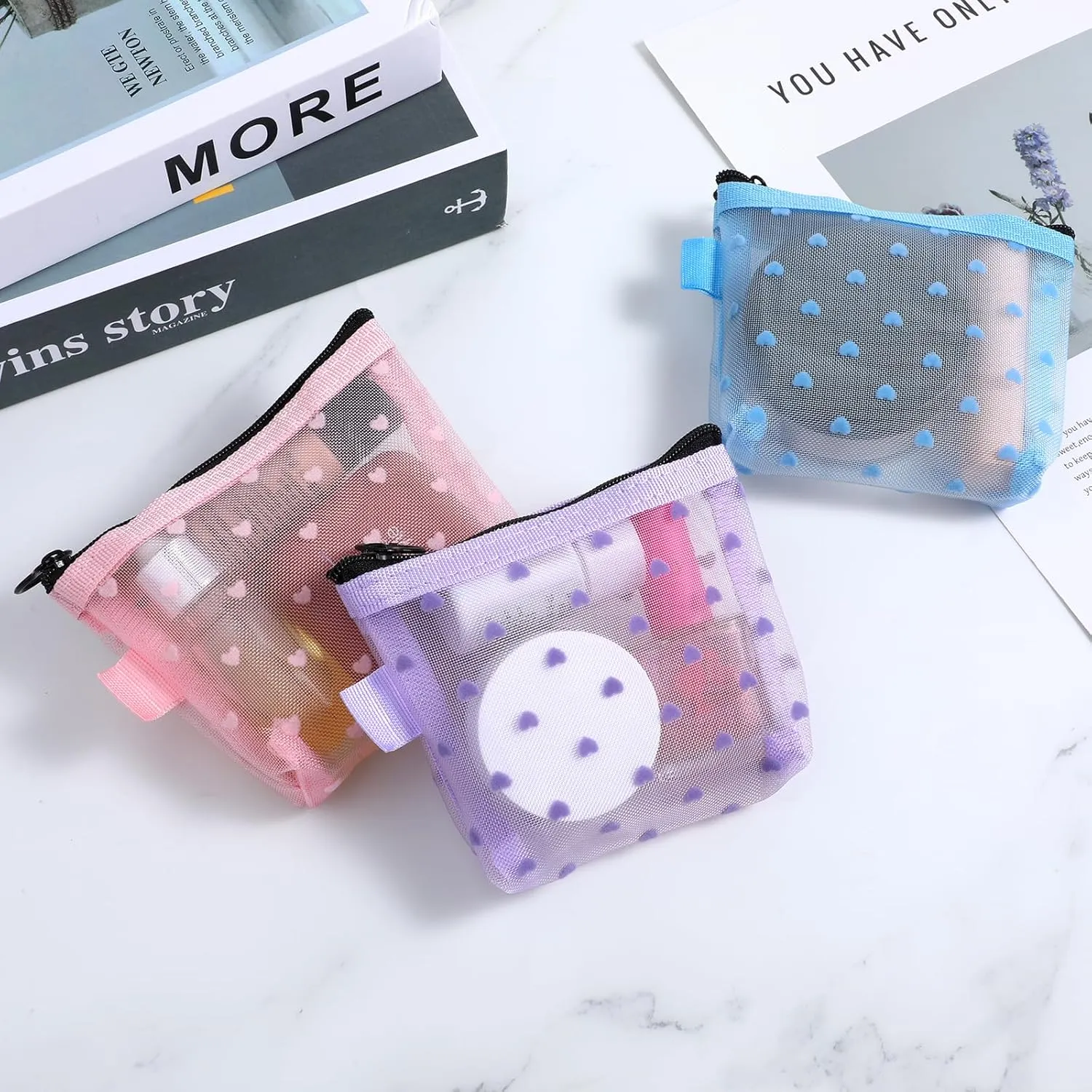 3Pcs Mini Cosmetic Bags, Heart Print Mesh Zipper Bags, Lipstick Accessories Organizer, Makeup Bag for Women, Small Purse Bag, 3 Colors, Style 5