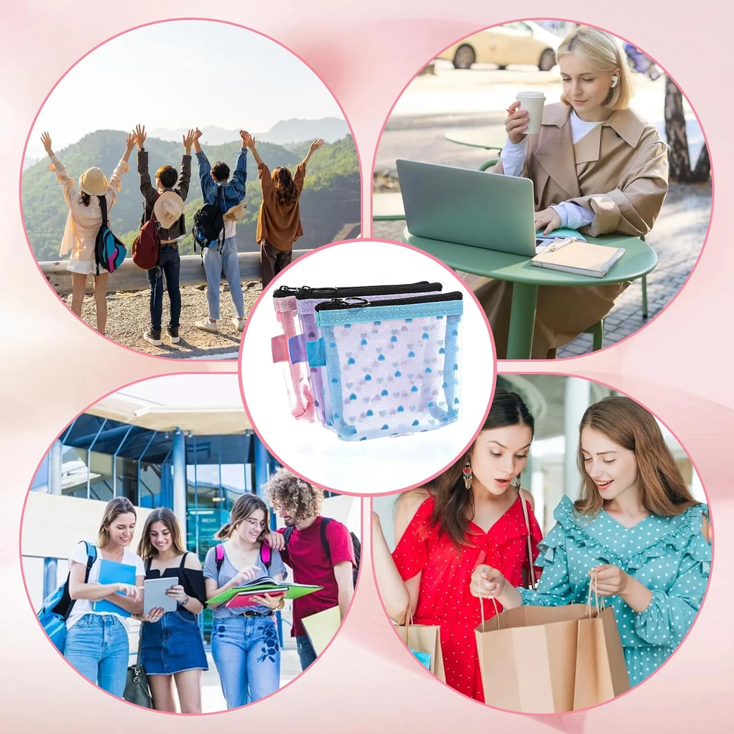 3Pcs Mini Cosmetic Bags, Heart Print Mesh Zipper Bags, Lipstick Accessories Organizer, Makeup Bag for Women, Small Purse Bag, 3 Colors, Style 5