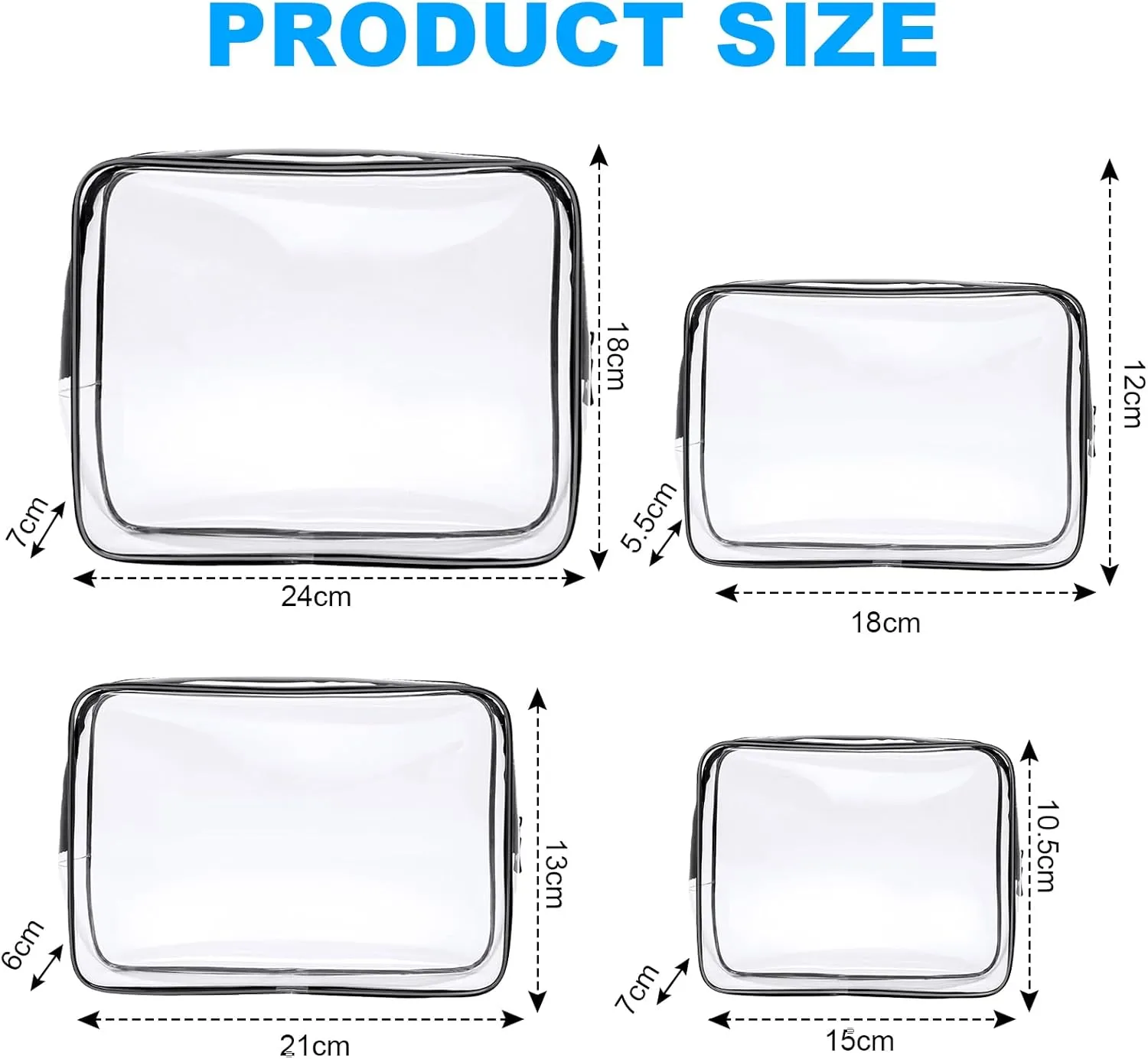4-Pack Clear Wash & Makeup Bags TSA Approved Makeup Bags, PVC Waterproof Travel Wash Bags for Family, Men, Women (Largea, Medium, Small, Minimum)
