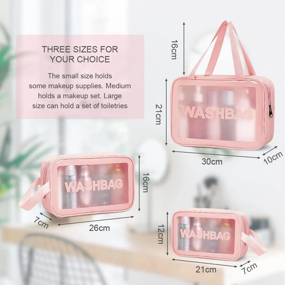4PCS Clear Toiletry Bags, Wash Bag, Clear PU Makeup Bag, Waterproof Toiletry Travel Bag with Zipper Handle, Portable Airport Cosmetic Bag for Travel Bathroom Men Women (Pink)