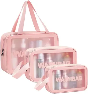 4PCS Clear Toiletry Bags, Wash Bag, Clear PU Makeup Bag, Waterproof Toiletry Travel Bag with Zipper Handle, Portable Airport Cosmetic Bag for Travel Bathroom Men Women (Pink)