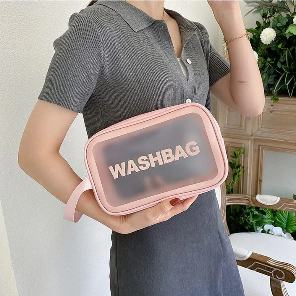 4PCS Clear Toiletry Bags, Wash Bag, Clear PU Makeup Bag, Waterproof Toiletry Travel Bag with Zipper Handle, Portable Airport Cosmetic Bag for Travel Bathroom Men Women (Pink)