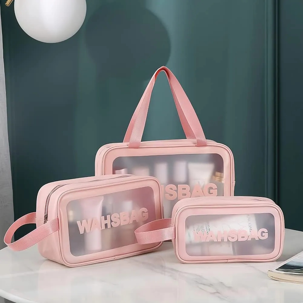 4PCS Clear Toiletry Bags, Wash Bag, Clear PU Makeup Bag, Waterproof Toiletry Travel Bag with Zipper Handle, Portable Airport Cosmetic Bag for Travel Bathroom Men Women (Pink)