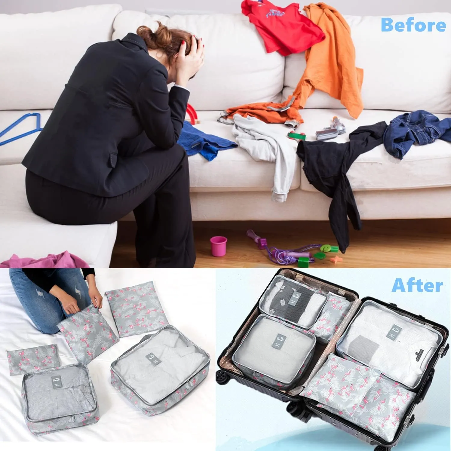 6 Set Packing Cube Luggage Organizer Pouch, Travel Storage Bags Organizer Set, Clothes Packing Cubes Laundry Pouch Suitcase Organizer Bags for Travel Carry On Luggage Packing (Blue Flamingo)