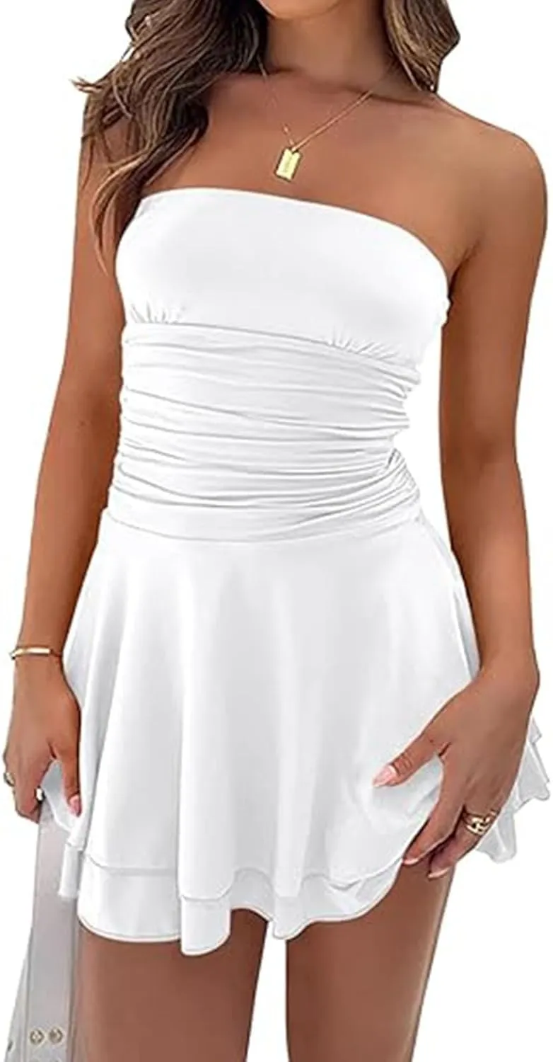 acelyn Women Sexy Tube Top Mini Dress Strapless Waist Ruffle Layer Short Dress 2025 Summer Ruched Y2K Outfits